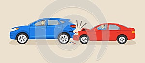 Isolated red sedan car and blue suv car crash. Traffic or road accident.