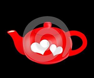 Isolated red teapot with two hearts on black background.