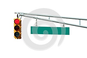 Isolated Red traffic signal light with sign