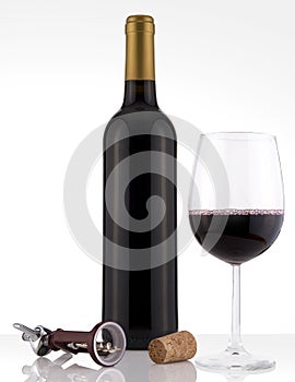 Isolated Red Wine Bottle in a White Background, no Label Label and Glass