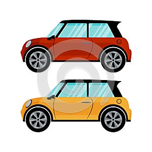Isolated red and yellow cars in retro style on white background. Flat vector design
