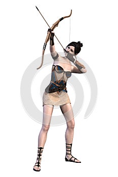 Isolated render of a beautiful woman archer aiming an arrow into the air