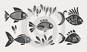 Isolated river fish. Set of freshwater aquarium cartoon silhouettes fishes. Vector illustration, fishes. fish collection