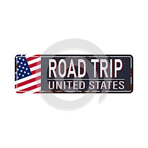 Isolated road trip Sign - American blue and red motorway road sign on white background