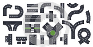 Isolated roads elements. Highway lane, asphalt road with crosswalk. Roadside, top view city map way with turns and