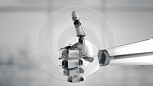 Isolated robotic arm showing on white light background. The robot hand giving the `okay` sign. Metal cyborg Hand Showing Thumbs Up