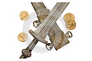 Isolated Roman Empire Dagger and Denarii Coin Replicas