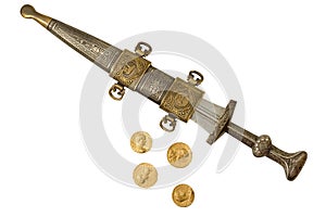 Isolated Roman Empire Dagger and Denarii Coin Replicas II photo