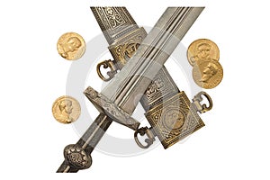 Isolated Roman Empire Dagger and Denarii Coin Replicas photo