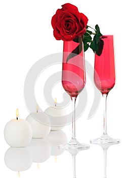 Isolated; Romantic Red Champagne Flutes with Rose