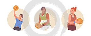 Isolated round frame icon composition with happy sportive people basketball player character