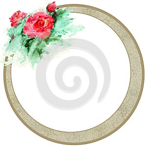 Isolated round frame with watercolor red roses. Golden contour and antique texture.