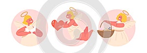 Isolated Round Icon Or Avatars With Cherubic Angels Cradling Dove, Heart And Basket With Easter Eggs With Heavenly Grace