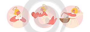 Isolated Round Icon Or Avatars With Cherubic Angels Cradling Dove, Heart And Basket With Easter Eggs With Heavenly Grace photo