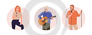 Isolated round icon composition with standup comedian cartoon characters telling jokes from stage