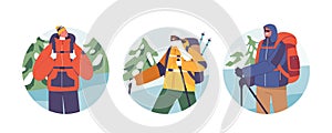 Isolated Round Icons or Avatars with Adventurous Winter Hikers or Mountain Climber Characters With Backpacks and Gear