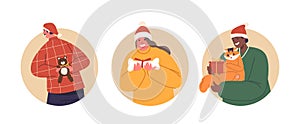 Isolated Round Icons Or Avatars With Characters Bestow Christmas Gifts Upon Their Pets, Wrapping Toys, And Treats