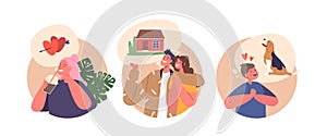 Isolated Round Icons Or Avatars Of Characters In Their Dreams, Envision A Life Filled With Love, Loyal Dog, And A House