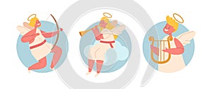 Isolated Round Icons or Avatars with Cherubic Angels with Harp, Bow and Trumpet. Innocent Heavenly Cupids