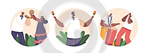 Isolated Round Icons or Avatars of Latino Musician Characters Playing Drum, Maracas, Trumpet and Tambourine