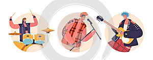 Isolated Round Icons Or Avatars With Rebellious Punk Rock Musicians Wielding Electric Guitars, Aggressive Lyrics