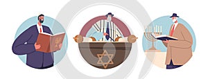 Isolated Round Icons or Avatars. Sacred Worship In A Synagogue Where Prayer Characters Recite Torah, Community Gathers