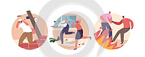 Isolated Round Icons Or Avatars With Terrified People Flee As Earthquake And Fire Wreak Havoc, Vector Illustration photo