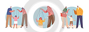 Isolated Round Icons of Parents Exert Total Control Over Their Child, Manipulating Their Actions And Decisions photo
