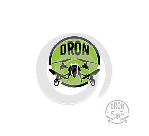 Isolated round shape black color quadrocopter in green circle logo on white background, unmanned aerial vehicle logotype