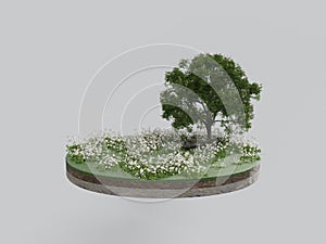 Isolated round soil ground cross section with flower and tree