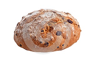 Isolated rustic round raisin bun with flour on a cutout PNG transparent background. Generative AI