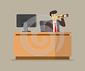Isolated sad business manager or worker drinking alcohol at work.