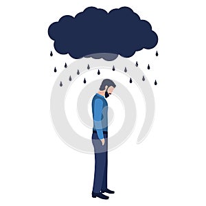 Isolated sad man under a cloud and rain on a white background. Concept of anxiety disorders, mental illness, stress and depression