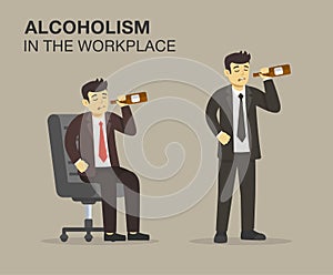 Isolated sad manager or worker drinking alcohol at work. Drunk male character standing and sitting on armchair and holding bottle.