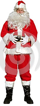 Isolated santa stands with his hands on his tummy as if to say