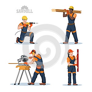 Isolated sawmill workers. Construction industrial scene. Builder use a hand tool. Contractor ocupation. Carpenters photo