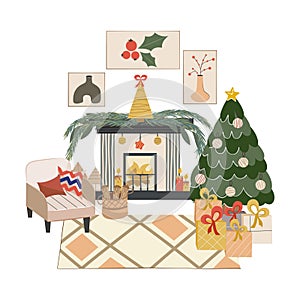 Isolated Scandinavian Christmas interior with fireplace, Christmas tree.Cozy armchair with cushions and woodpile for