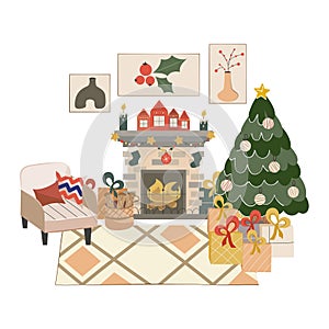 Isolated Scandinavian Christmas interior with fireplace, Christmas tree.Cozy armchair with cushions and woodpile for