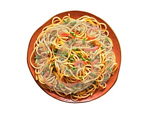 Isolated Schezwan Noodles with vegetables in a plate