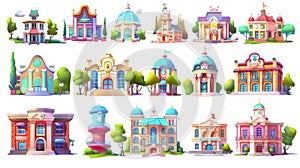 Isolated school, kindergarten, and university buildings on white background. Modern cartoon set of education houses