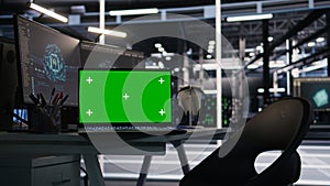 Isolated screen laptop in server farm monitoring artificial intelligence tech