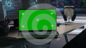 Isolated screen laptop in server farm monitoring artificial intelligence tech