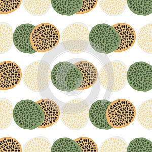 Isolated scribble seamless pattern with dot circles. White background. Green, light pink and orange shapes