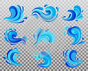 Isolated sea wave or ocean tidal gale, river water icons