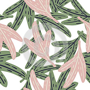 Isolated seamless cartoon pattern with nature reen and pink leaf elements. White background