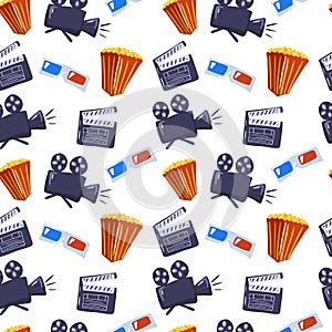 Isolated seamless cinema movie pattern with doodle popcorn, camera, 3d glasses and clapperboard elements. White background,