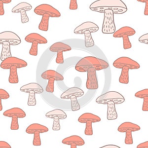 Isolated seamless fall harvest pattern with Leccinum scabrum mushroom ornament. Pink random print