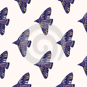 Isolated seamless pattern with abstract bird silhouette. Flying animal ornament in purple colors