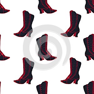 Isolated seamless pattern with black and red colored women boots shapes. White background