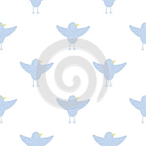 Isolated seamless pattern with blue flying birds silhouettes. White background. Simple design